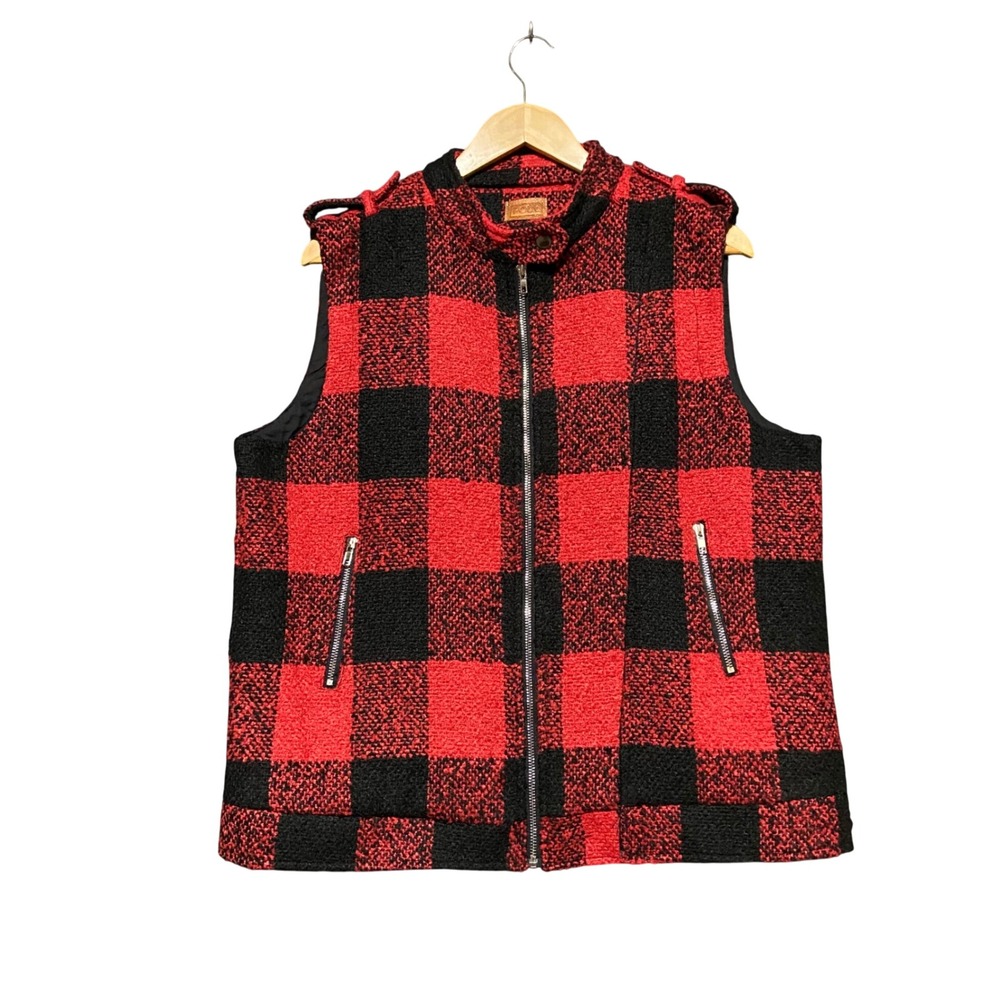 POL Buffalo Plaid Wool Blend Zip Up Vest Red Black Womens Large Gorpcore Cabin